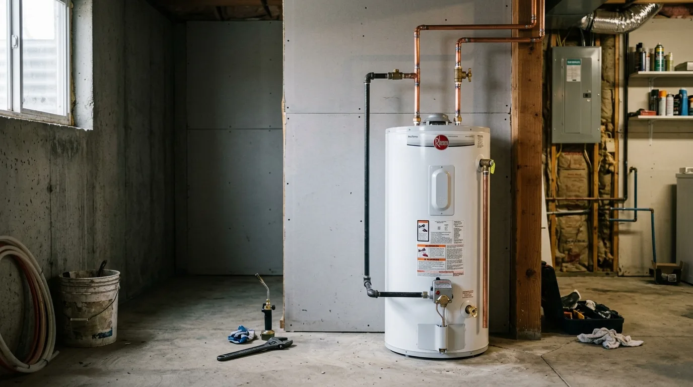 A new white gas water heater in a basement utility corner, with fresh copper supply lines