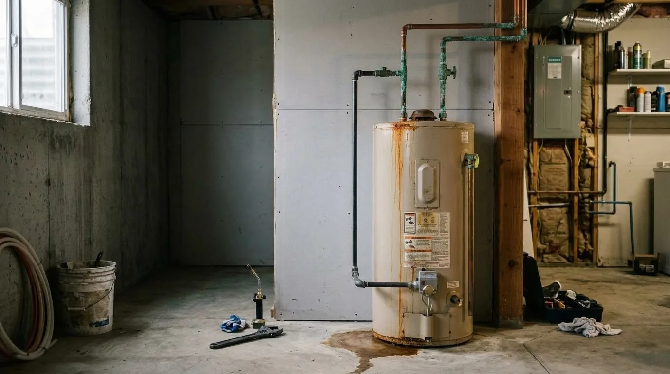 The same basement corner with an old rusted water heater