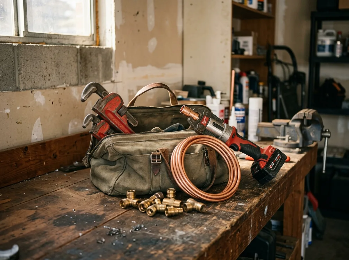 An open canvas tool bag on a garage workbench with pipe wrenches, a press tool and a coil of copper