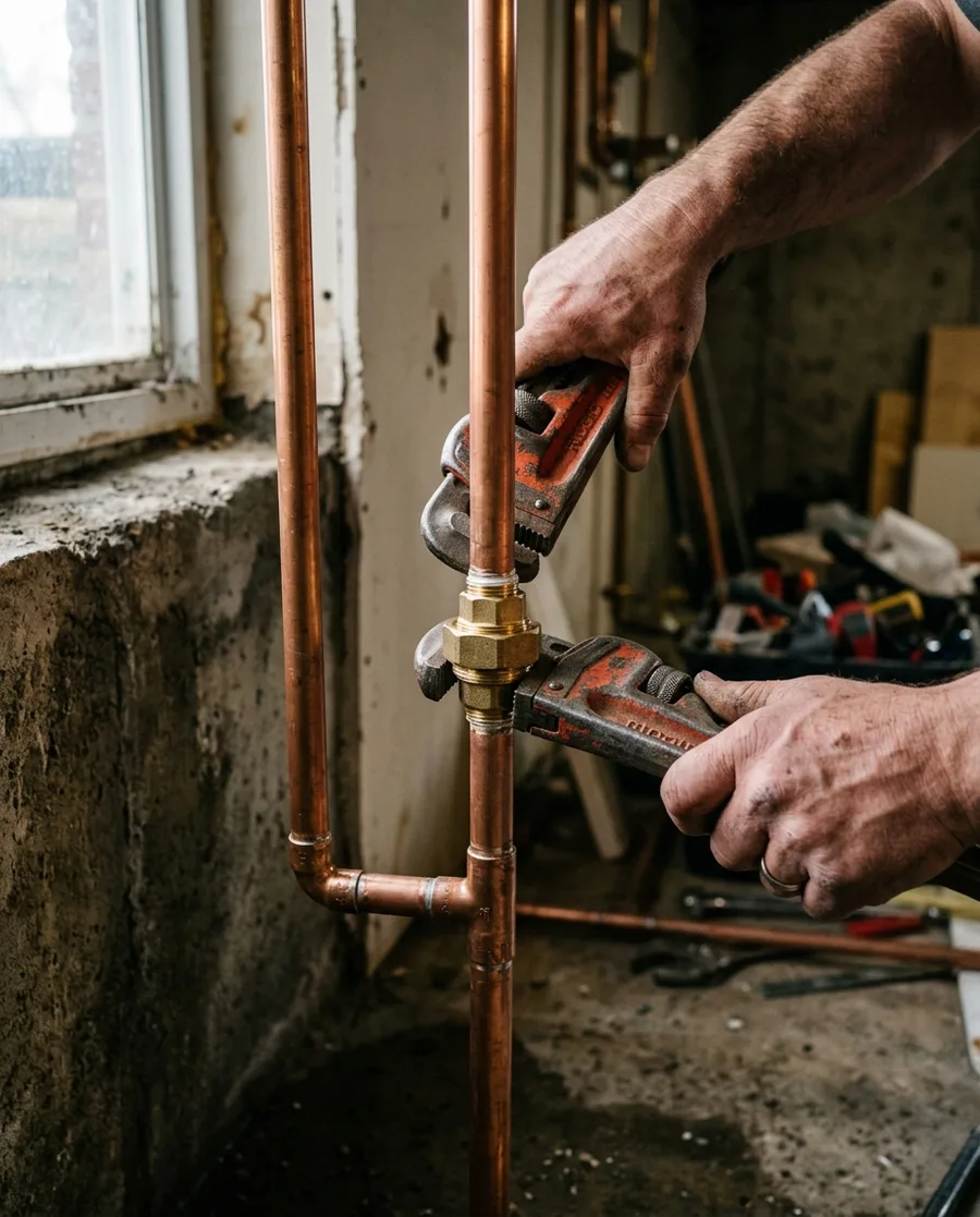 Two pipe wrenches snugging a brass union on a new copper line