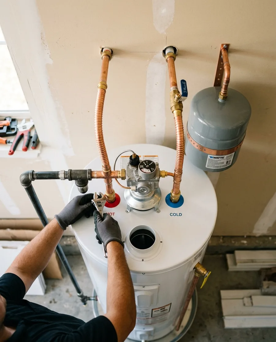 The top of a new water heater with copper flex lines and a gas valve