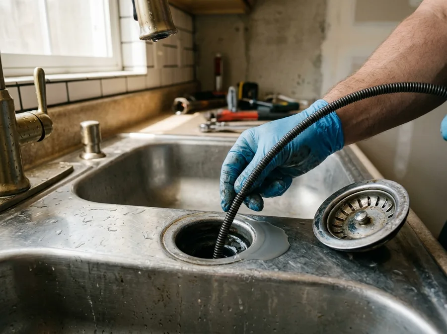 A gloved hand feeding a steel drain cable into a kitchen sink drain