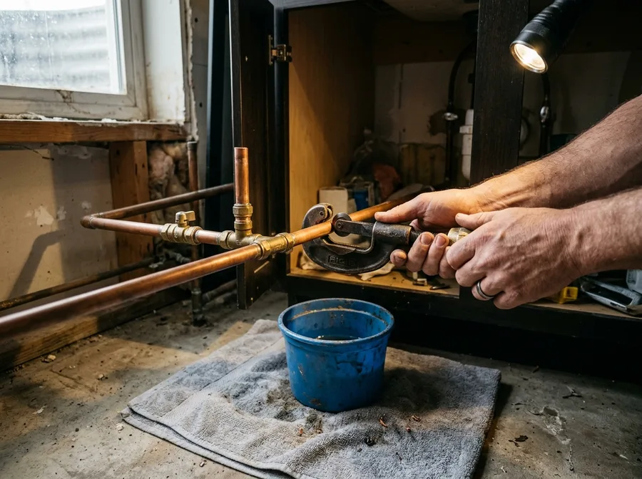 A pipe cutter closing around a copper line inside an under-sink cabinet
