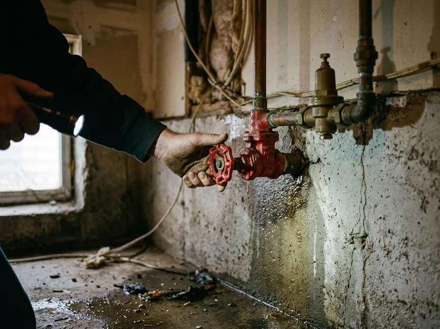 A red main water shutoff valve on a basement wall