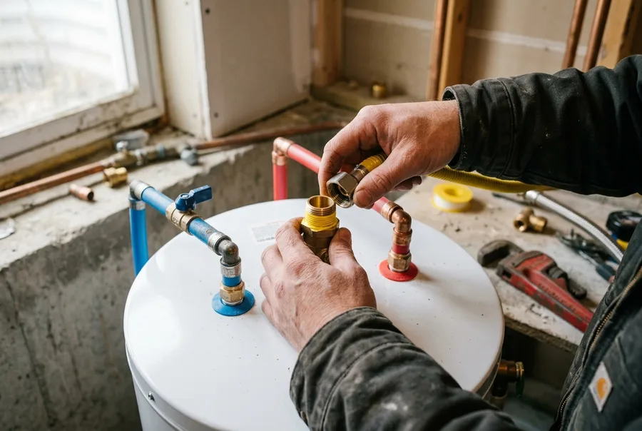 Hands threading a flexible gas connector onto a new white water heater