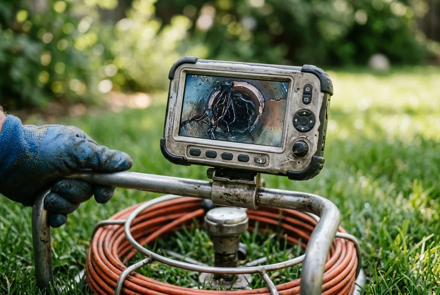 A camera monitor showing tree roots at a clay sewer joint